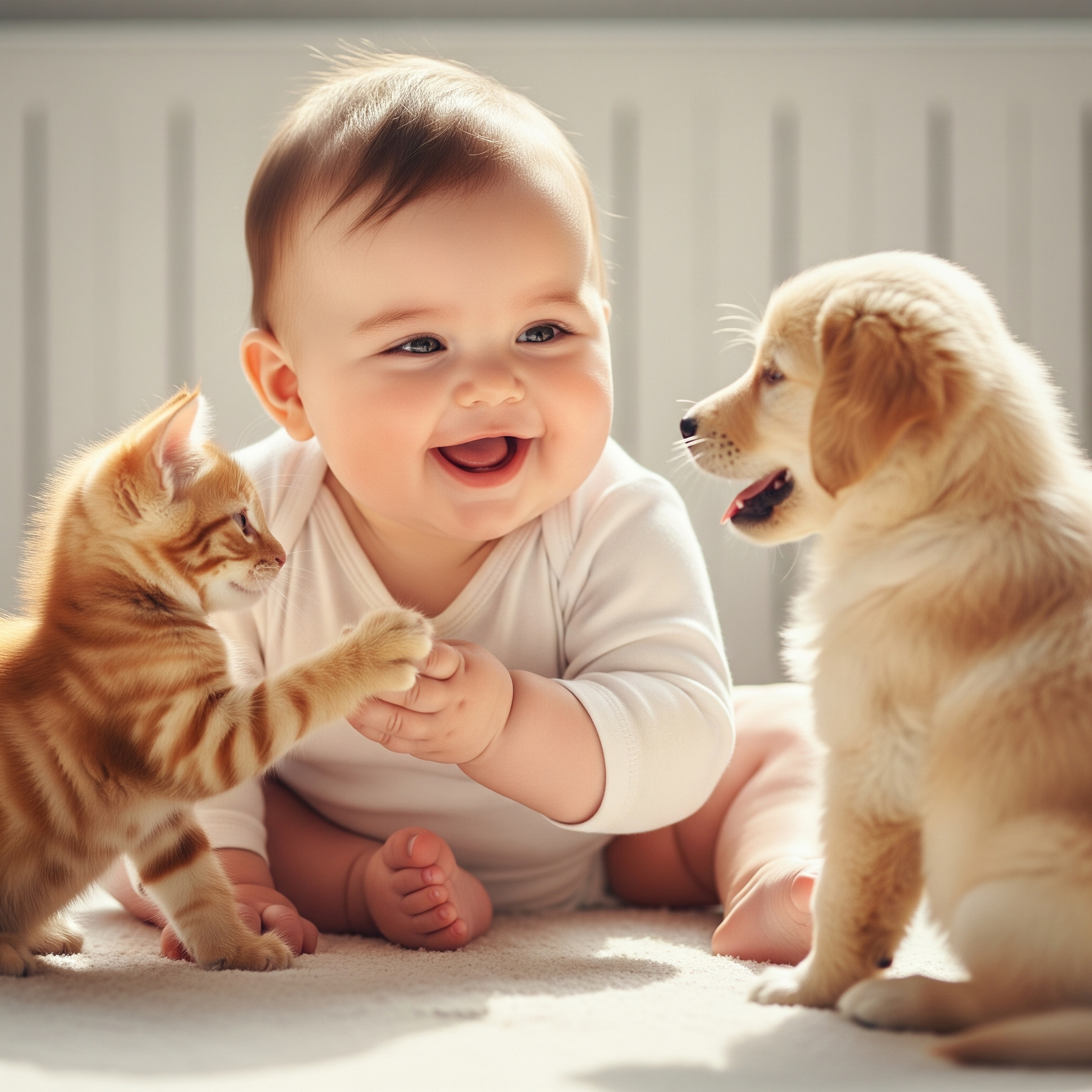 Cute baby with a kitten and a puppy